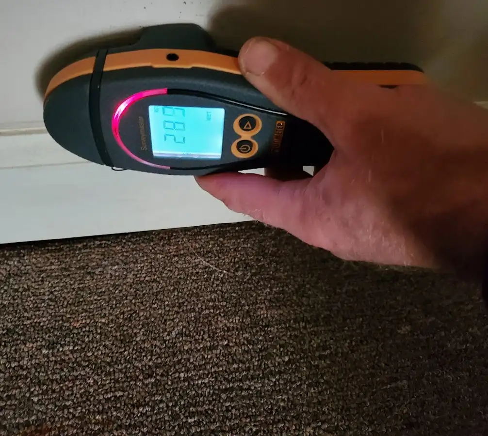 Moisture detection at baseboard during Storm Damage Restoration in Belvedere